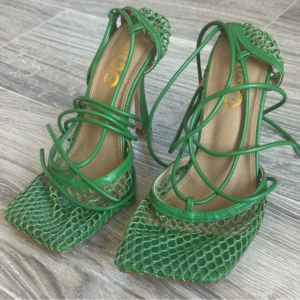 EGO Green Mesh Lace-Up Square Toe Heels US Size 6